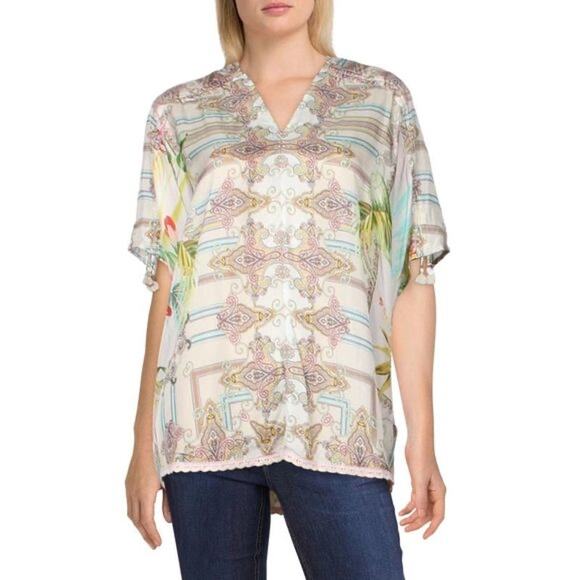 nwot JOHNNY WAS Top M Silk Floral Tropical Drawstrings Tassels Ruch Crochet trim